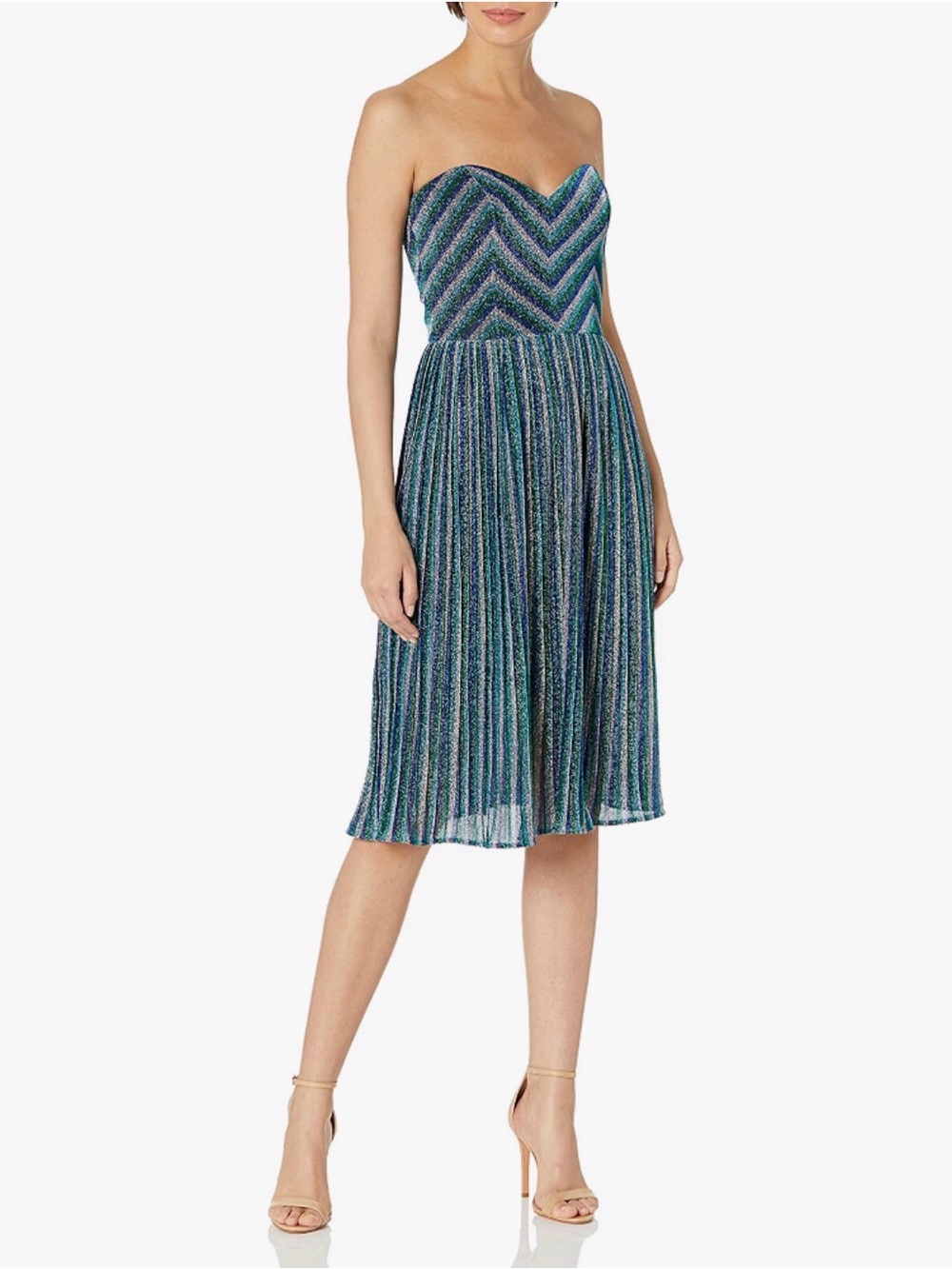 Dress the Population Strapless Chevron Midi Dress in Blue and Green